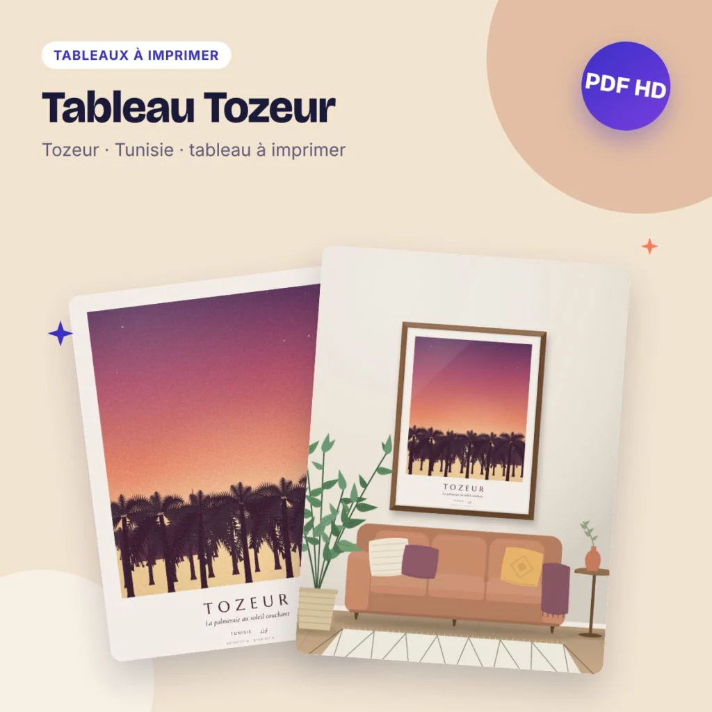 Tableau Tozeur – la palmeraie au soleil couchant, PDF haute qualité