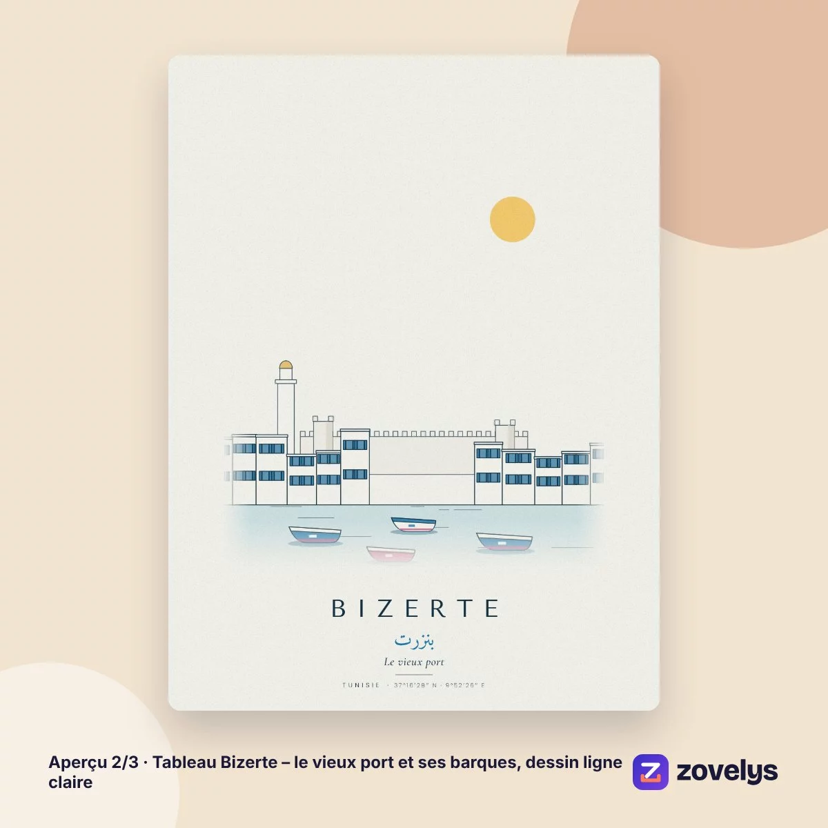 Tableau Bizerte – le vieux port et ses barques, dessin ligne claire – aperçu 2