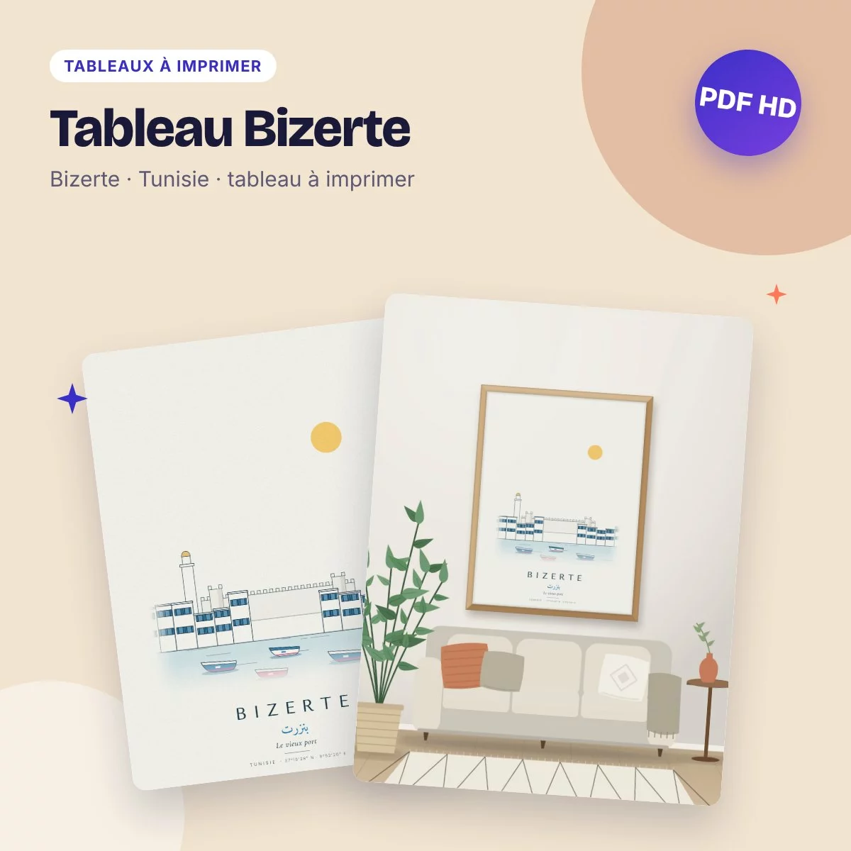 Tableau Bizerte – le vieux port et ses barques, dessin ligne claire