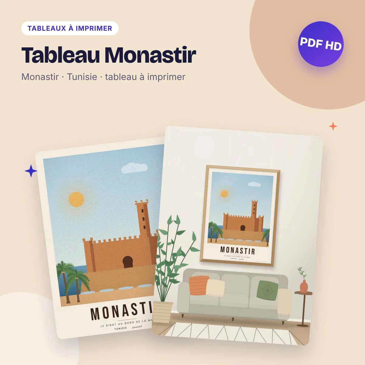 Tableau Monastir – le ribat au bord de la mer, affiche de voyage