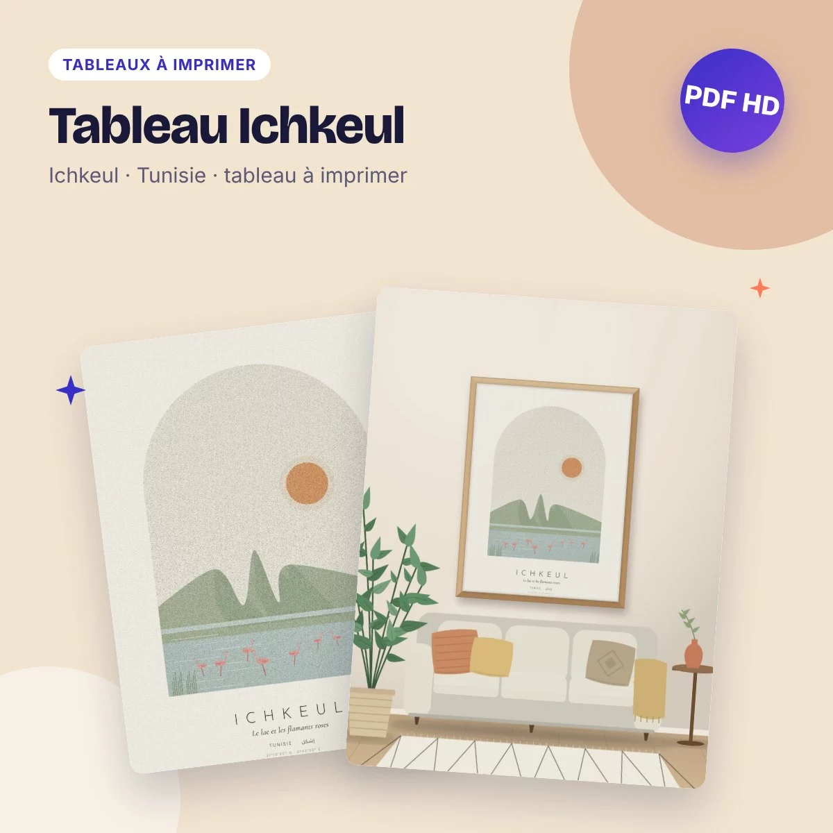 Tableau Ichkeul – le lac et les flamants roses, déco bohème à imprimer