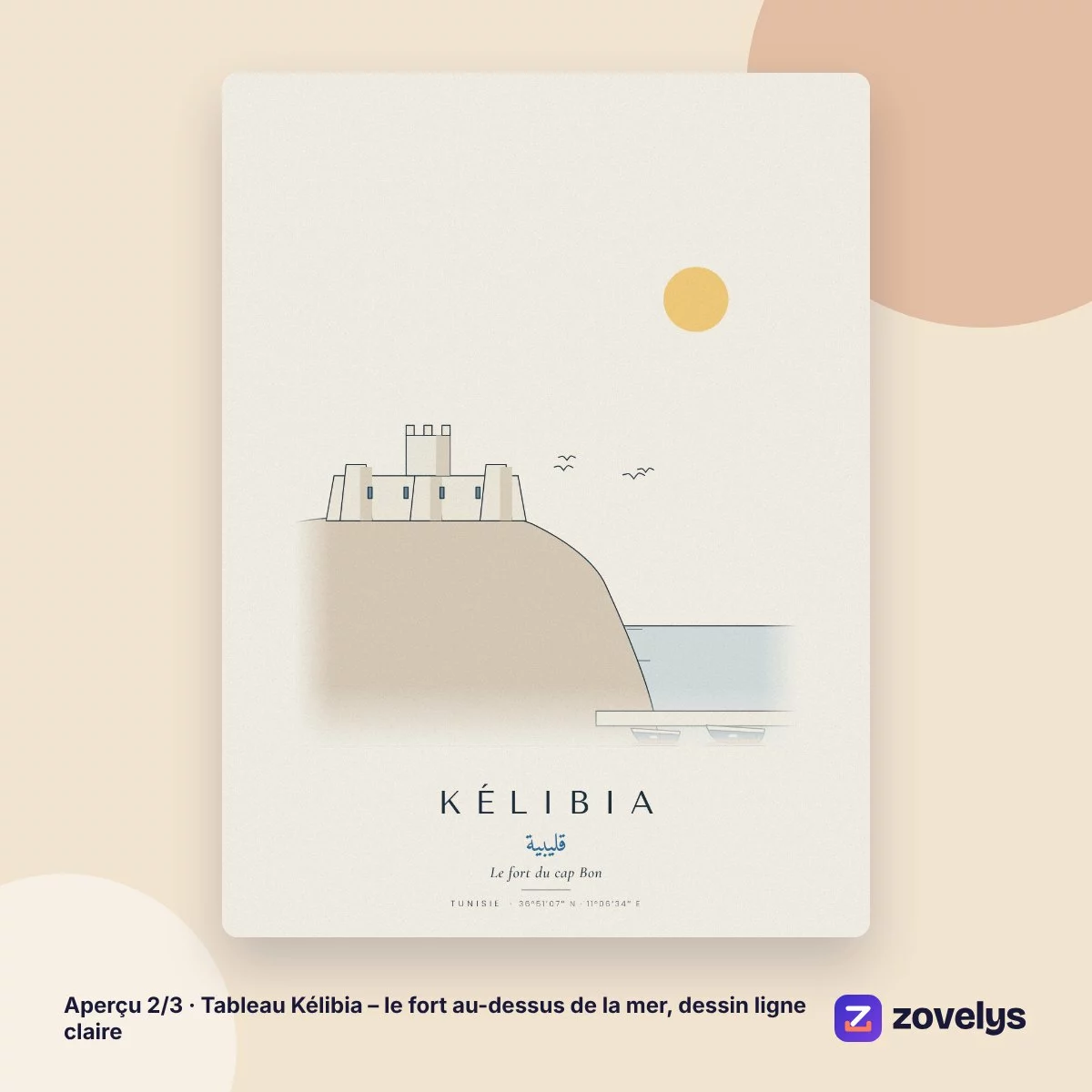 Tableau Kélibia – le fort au-dessus de la mer, dessin ligne claire – aperçu 2