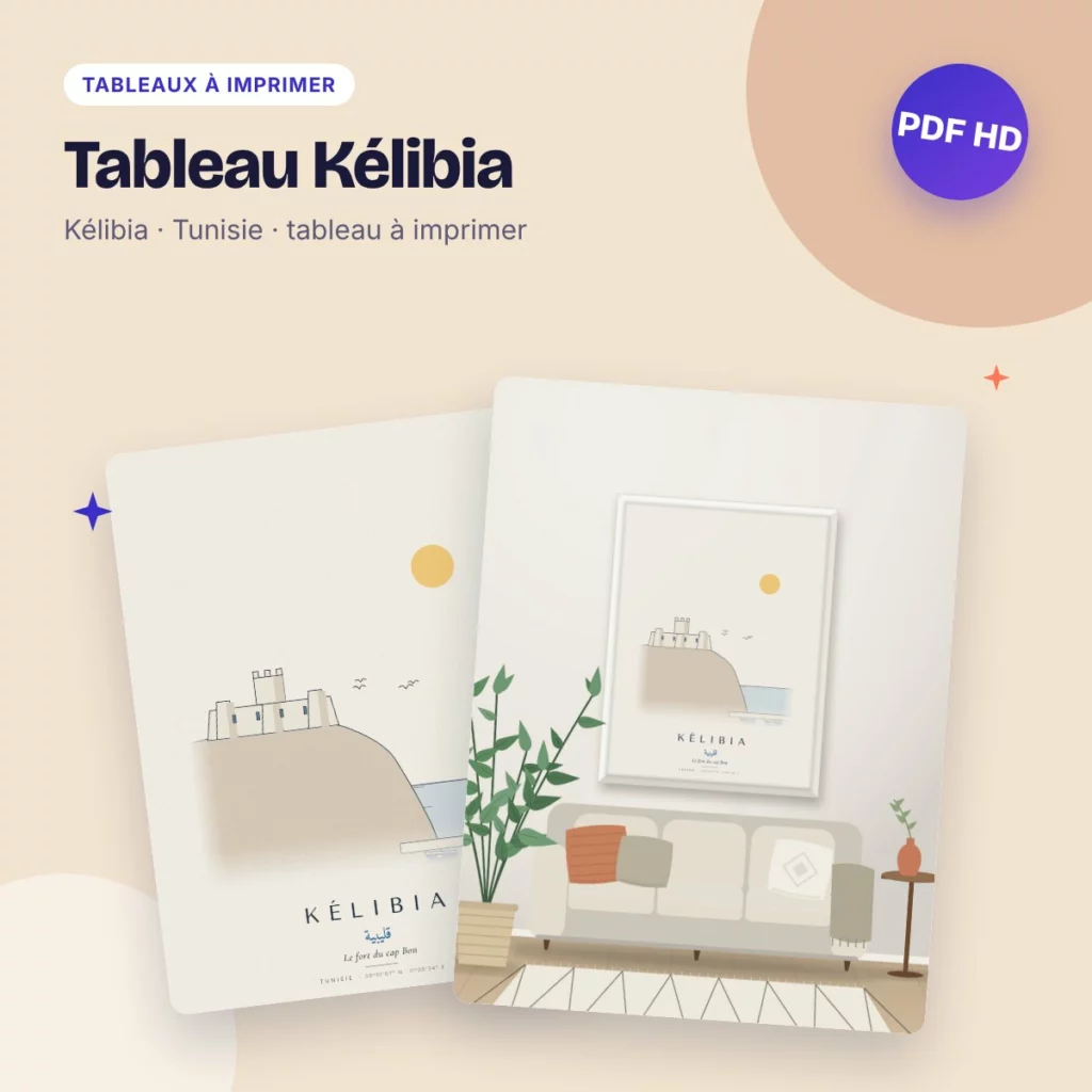 Tableau Kélibia – le fort au-dessus de la mer, dessin ligne claire