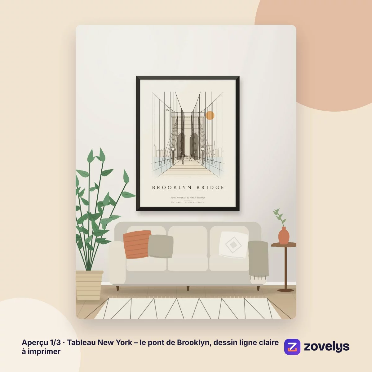 Tableau New York – le pont de Brooklyn, dessin ligne claire à imprimer – aperçu 1