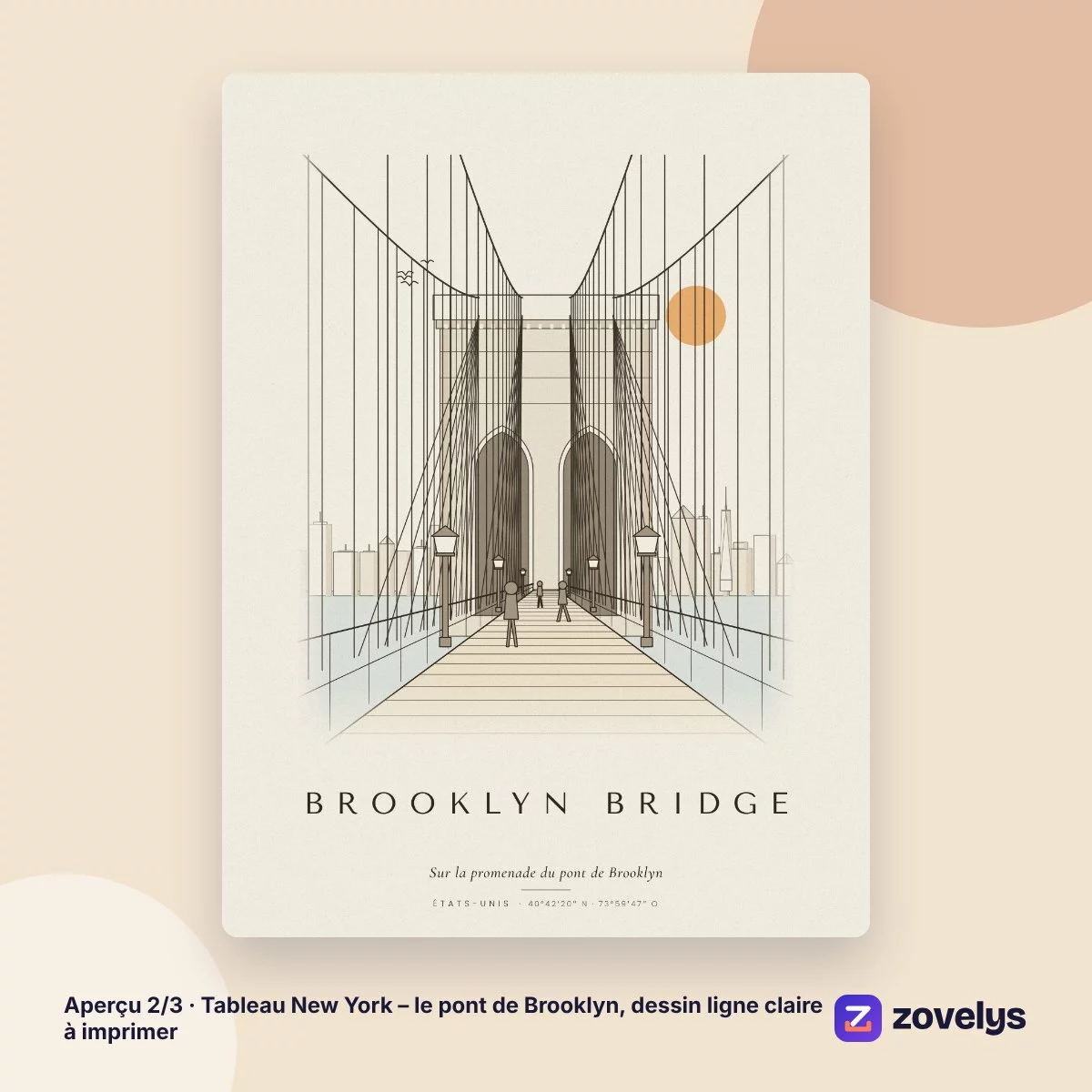 Tableau New York – le pont de Brooklyn, dessin ligne claire à imprimer – aperçu 2