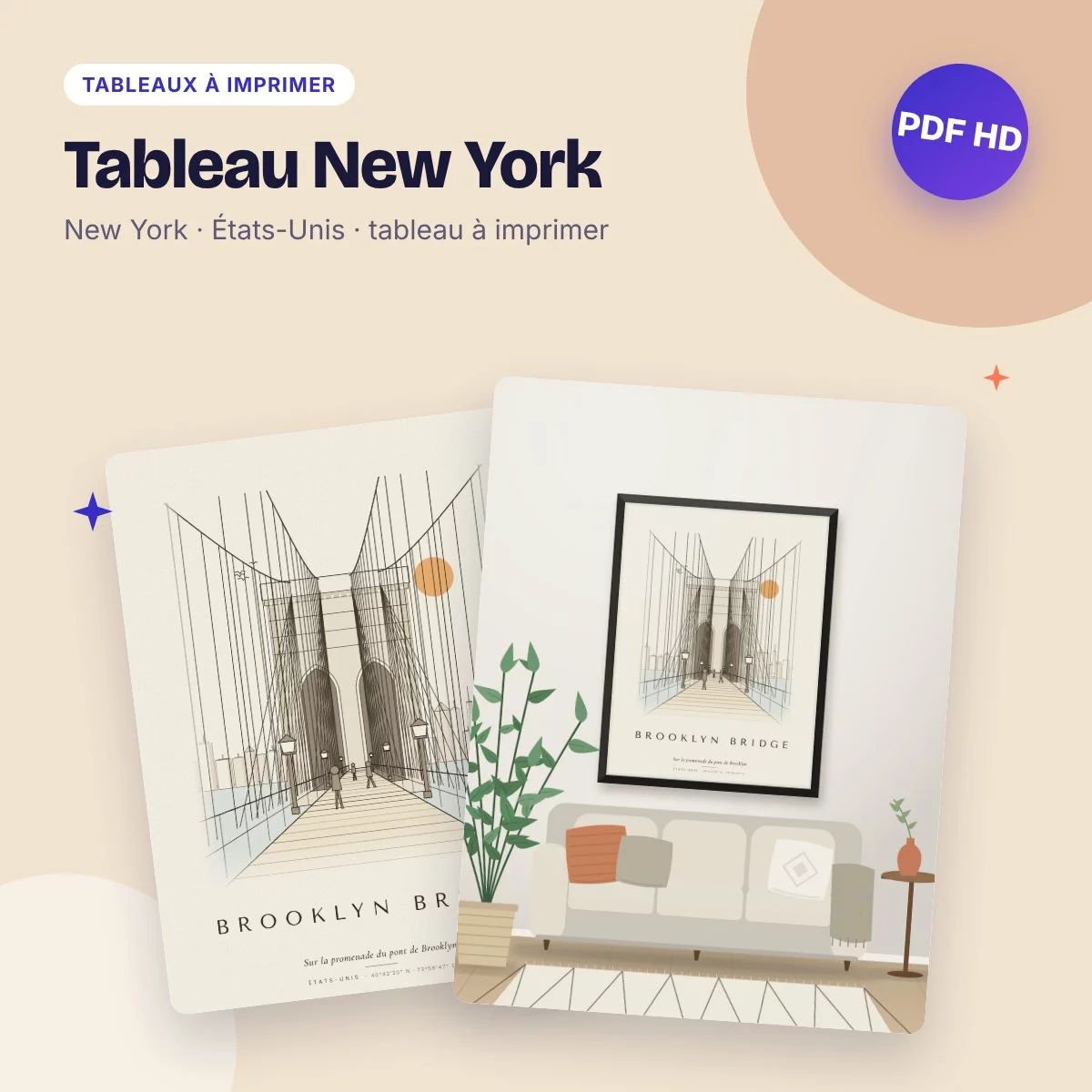 Tableau New York – le pont de Brooklyn, dessin ligne claire à imprimer