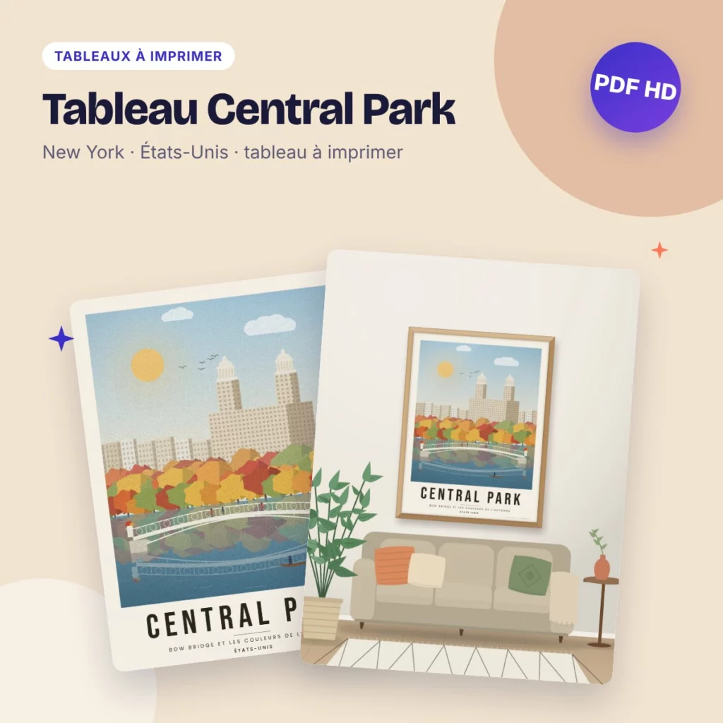Tableau Central Park – Bow Bridge en automne, affiche de voyage à imprimer