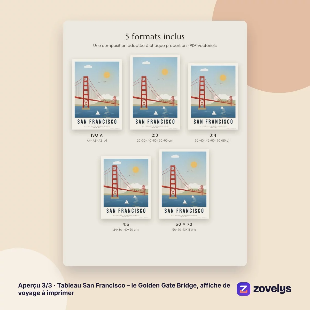 Tableau San Francisco – le Golden Gate Bridge, affiche de voyage à imprimer – aperçu 3