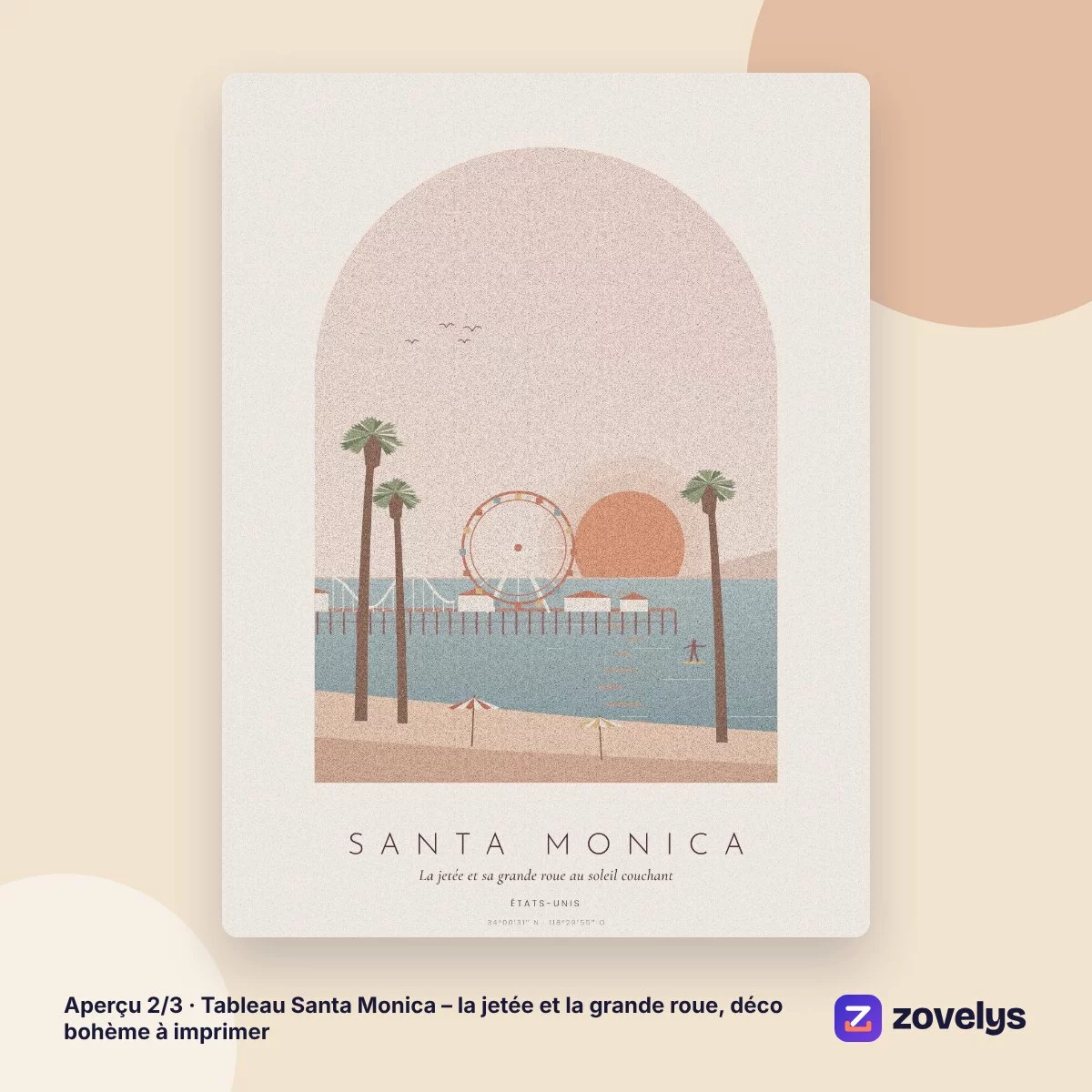 Tableau Santa Monica – la jetée et la grande roue, déco bohème à imprimer – aperçu 2