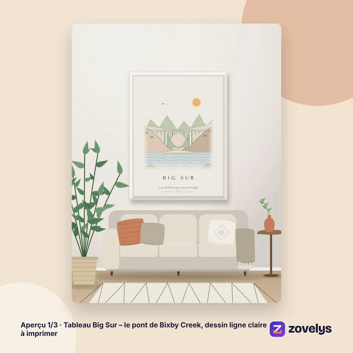 Tableau Big Sur – le pont de Bixby Creek, dessin ligne claire à imprimer – aperçu 1