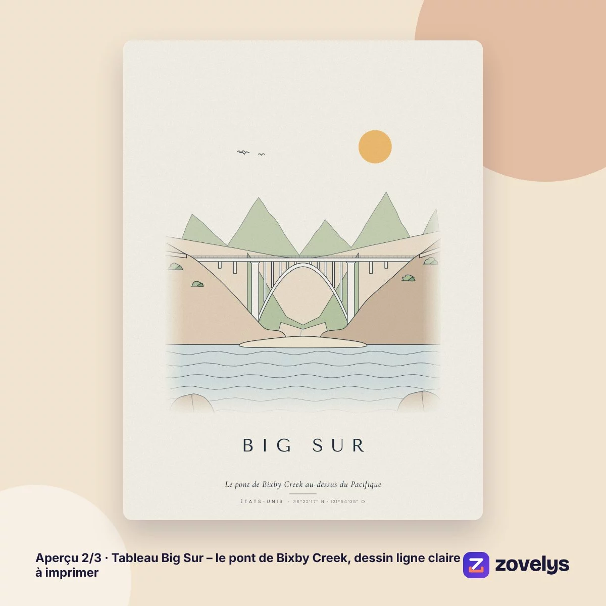 Tableau Big Sur – le pont de Bixby Creek, dessin ligne claire à imprimer – aperçu 2
