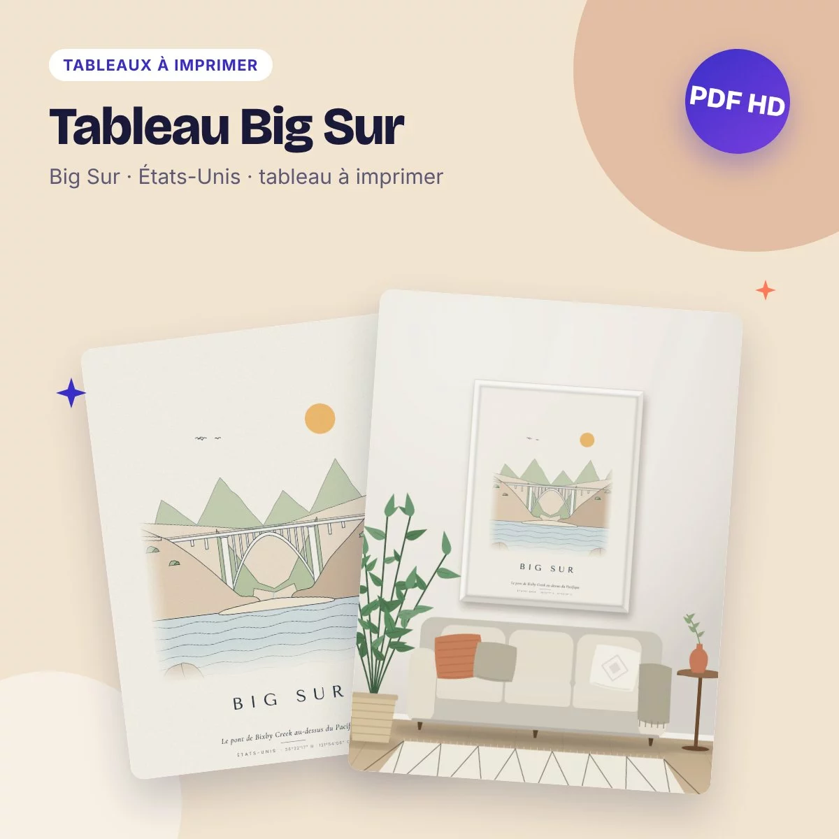 Tableau Big Sur – le pont de Bixby Creek, dessin ligne claire à imprimer
