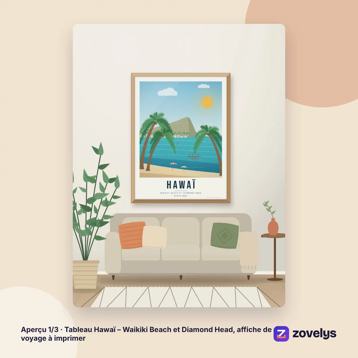 Tableau Hawaï – Waikiki Beach et Diamond Head, affiche de voyage à imprimer – aperçu 1