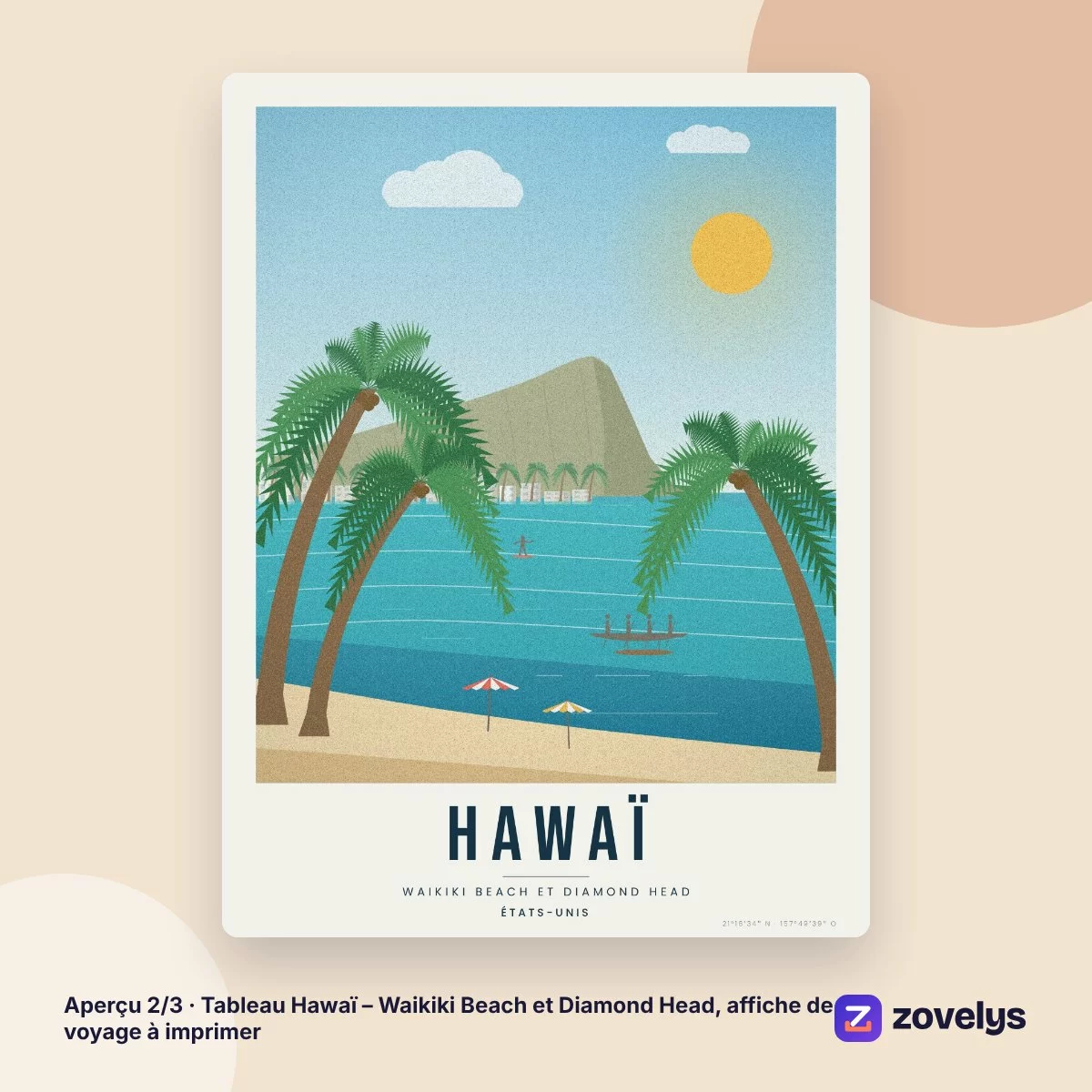 Tableau Hawaï – Waikiki Beach et Diamond Head, affiche de voyage à imprimer – aperçu 2