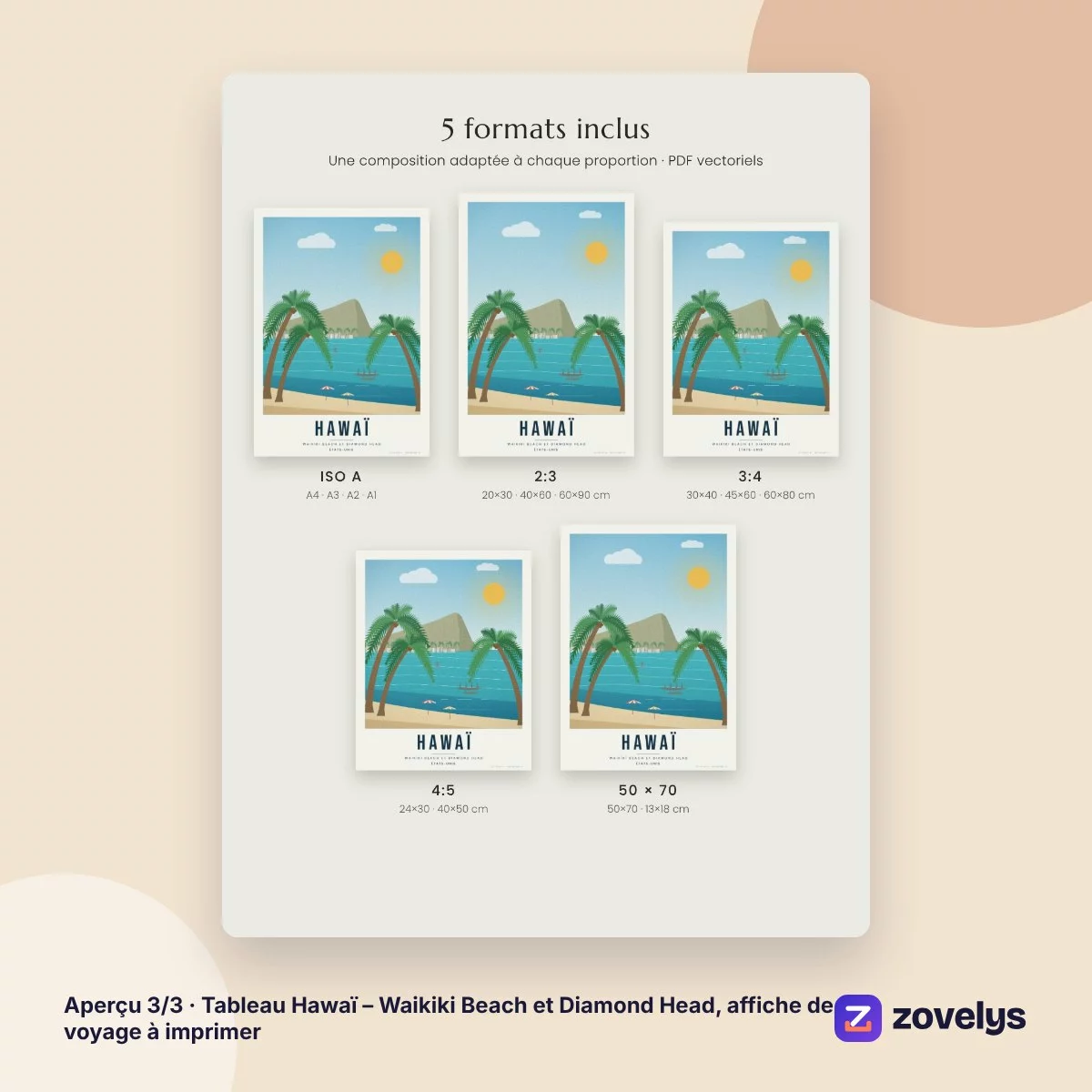 Tableau Hawaï – Waikiki Beach et Diamond Head, affiche de voyage à imprimer – aperçu 3