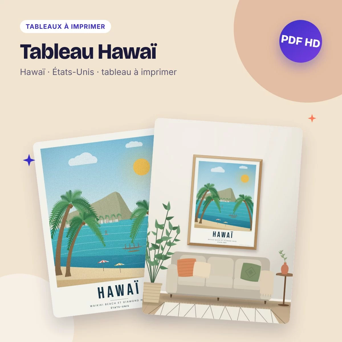 Tableau Hawaï – Waikiki Beach et Diamond Head, affiche de voyage à imprimer