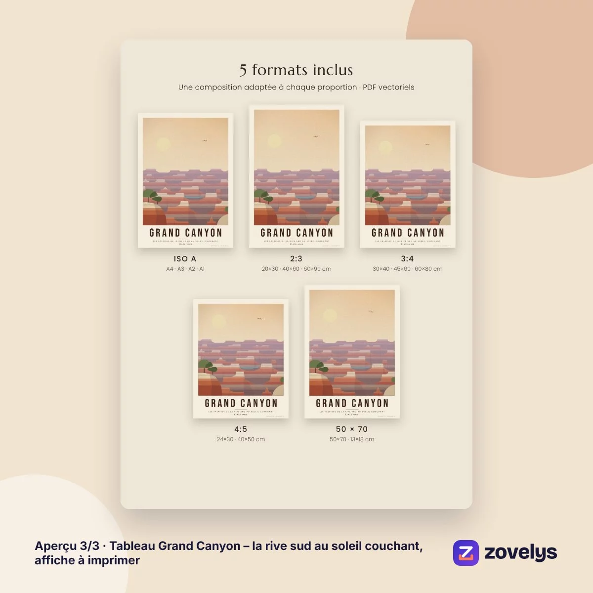 Tableau Grand Canyon – la rive sud au soleil couchant, affiche à imprimer – aperçu 3