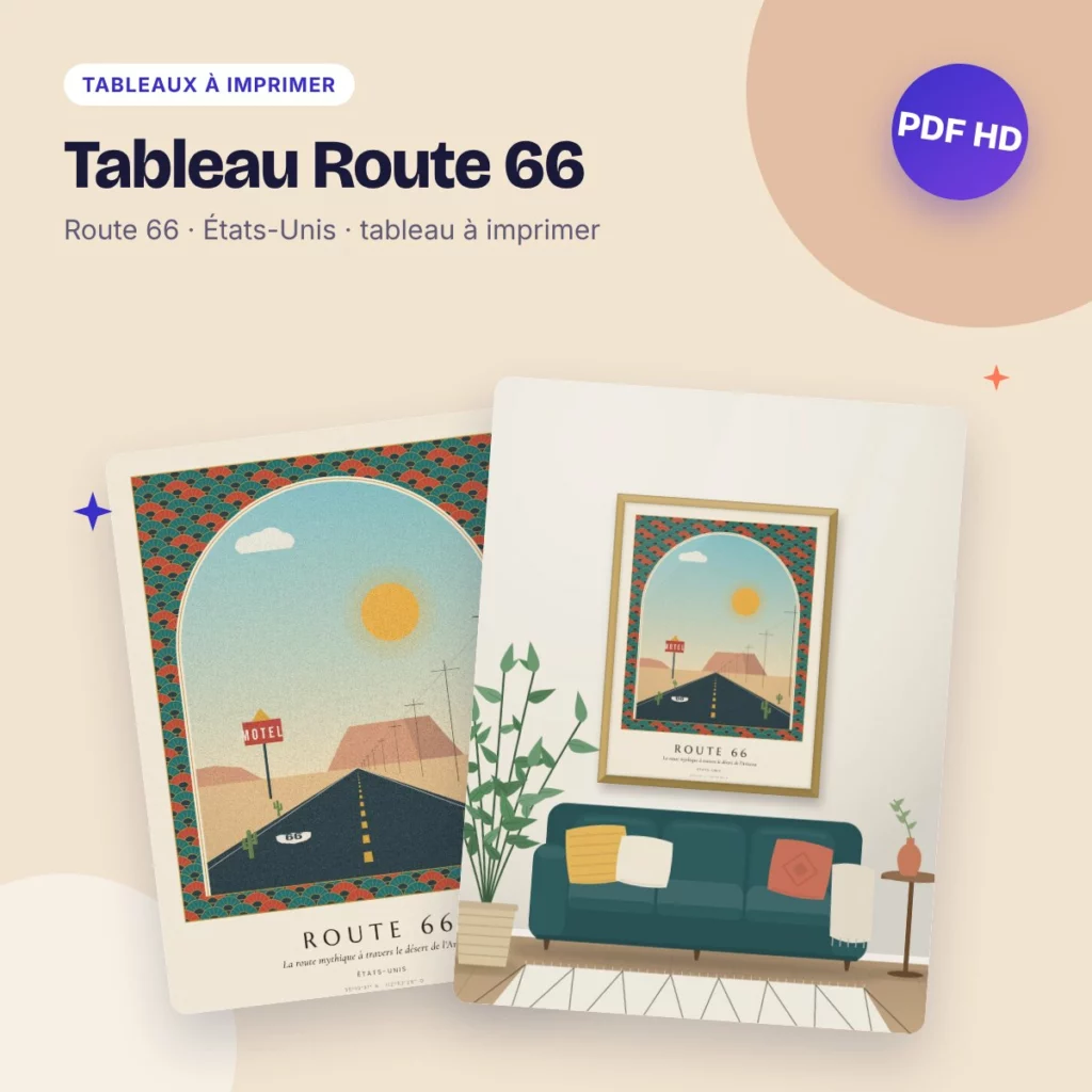 Tableau Route 66 – la route mythique dans le désert, déco Art déco