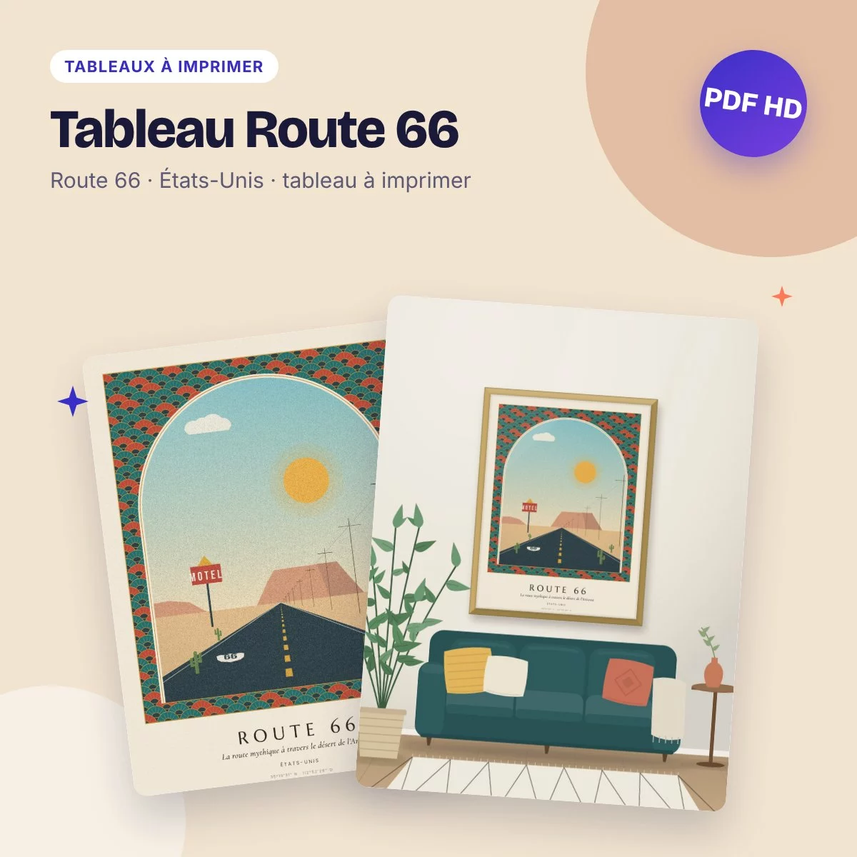 Tableau Route 66 – la route mythique dans le désert, déco Art déco