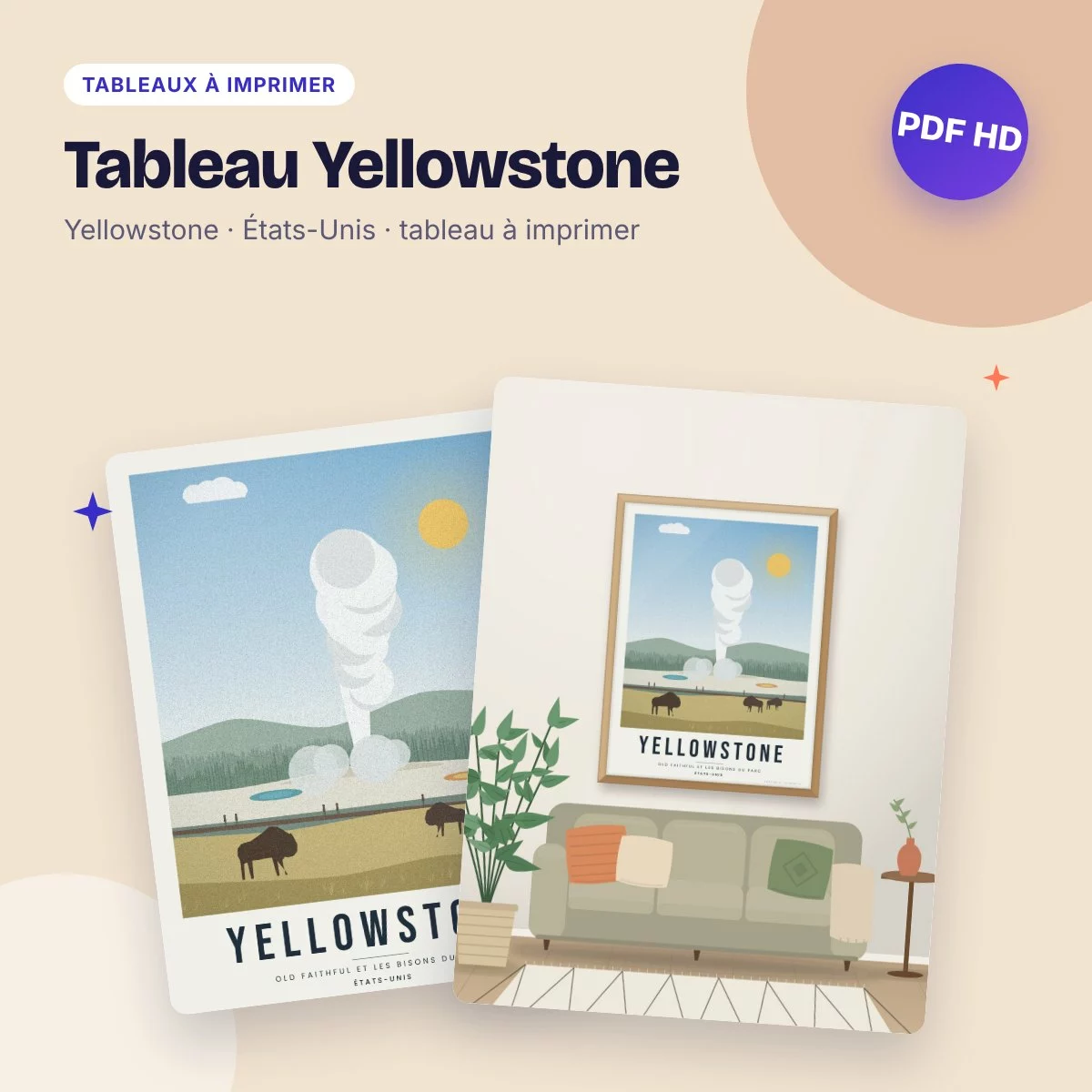 Tableau Yellowstone – le geyser Old Faithful, affiche de parc national