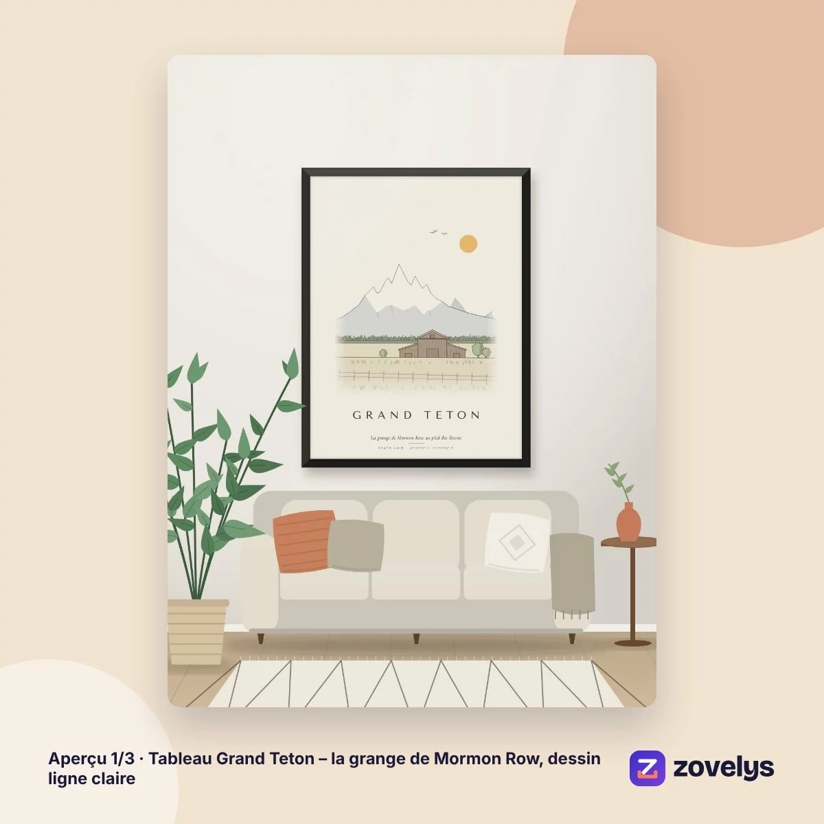 Tableau Grand Teton – la grange de Mormon Row, dessin ligne claire – aperçu 1