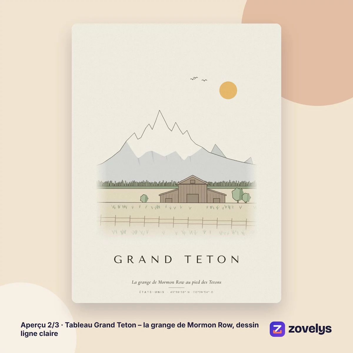 Tableau Grand Teton – la grange de Mormon Row, dessin ligne claire – aperçu 2