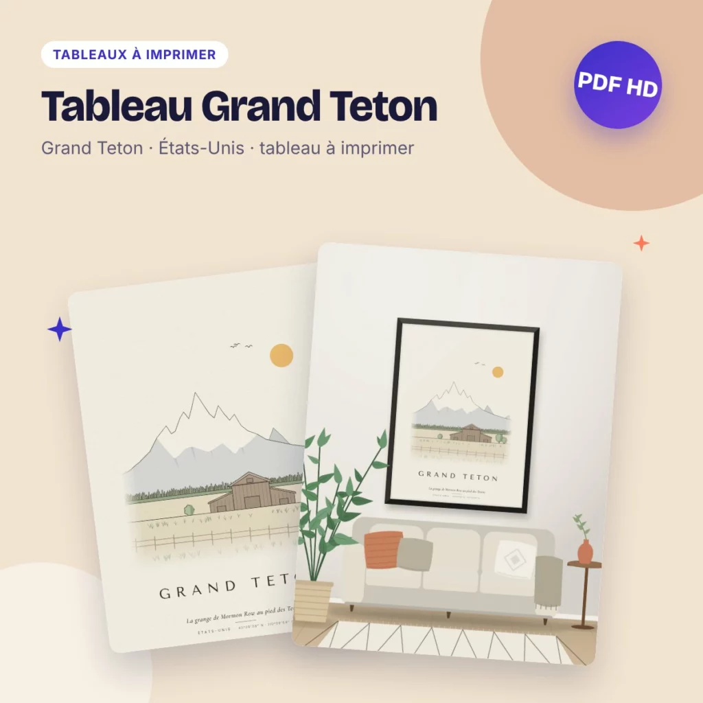 Tableau Grand Teton – la grange de Mormon Row, dessin ligne claire