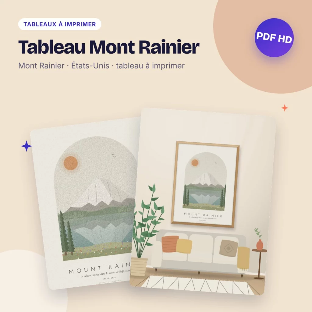 Tableau Mont Rainier – Reflection Lakes, déco bohème à imprimer
