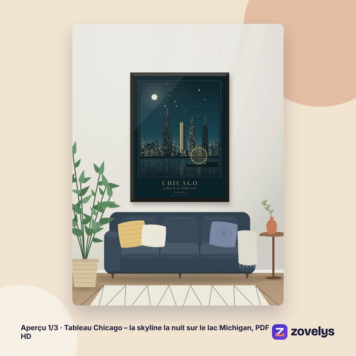 Tableau Chicago – la skyline la nuit sur le lac Michigan, PDF HD – aperçu 1