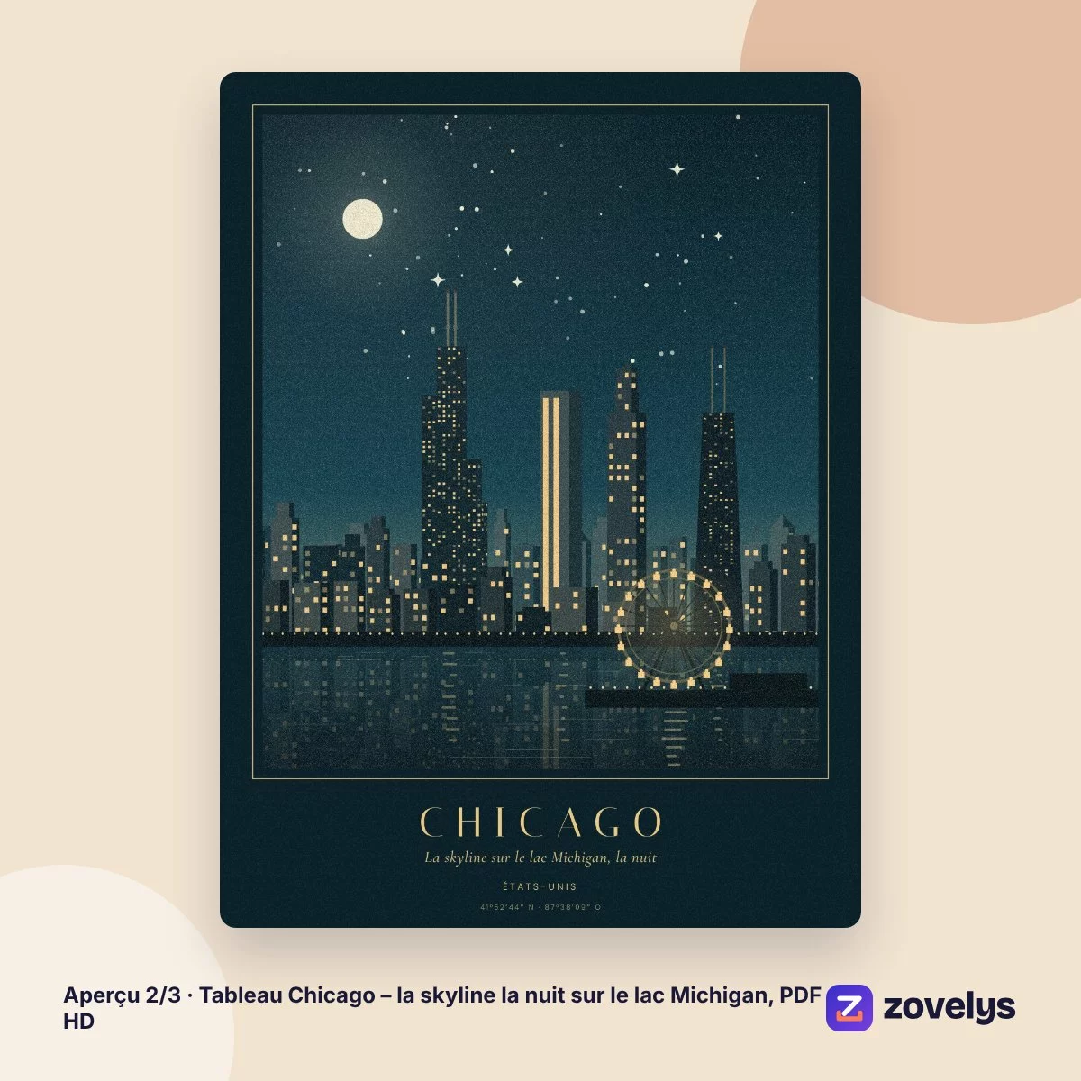 Tableau Chicago – la skyline la nuit sur le lac Michigan, PDF HD – aperçu 2