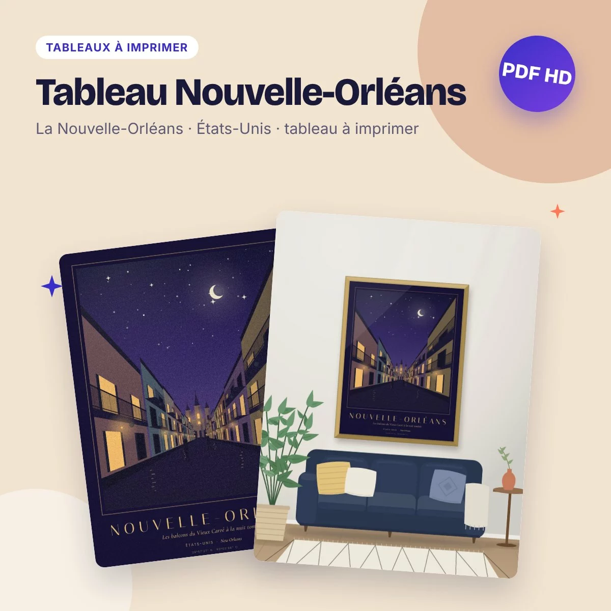 Tableau Nouvelle-Orléans – le Vieux Carré la nuit, PDF haute qualité