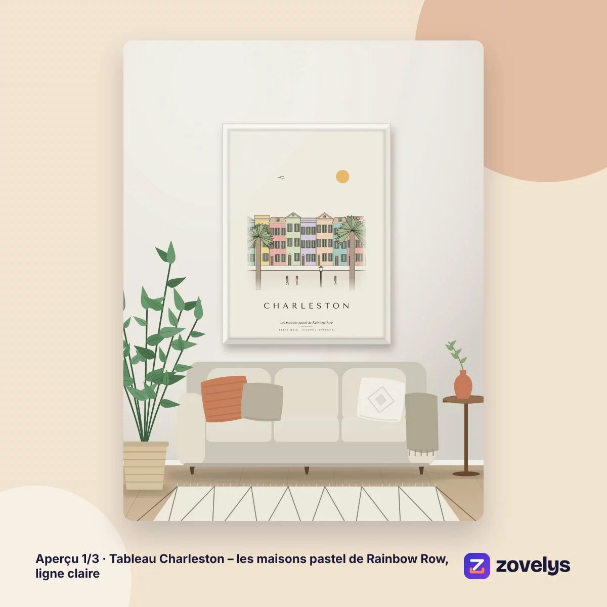Tableau Charleston – les maisons pastel de Rainbow Row, ligne claire – aperçu 1