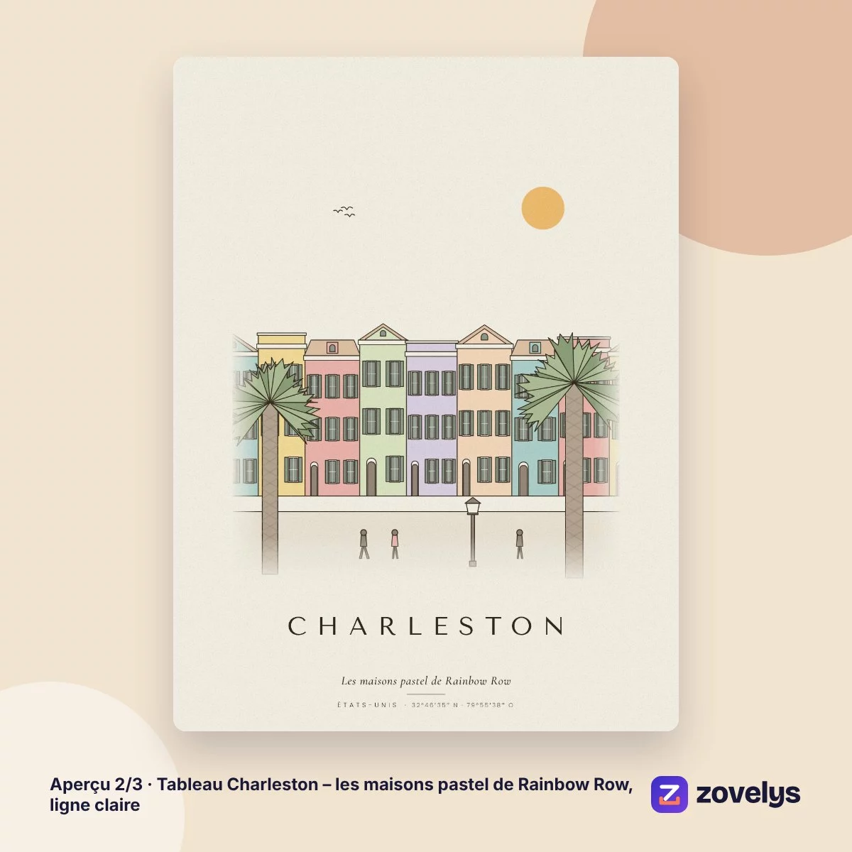 Tableau Charleston – les maisons pastel de Rainbow Row, ligne claire – aperçu 2