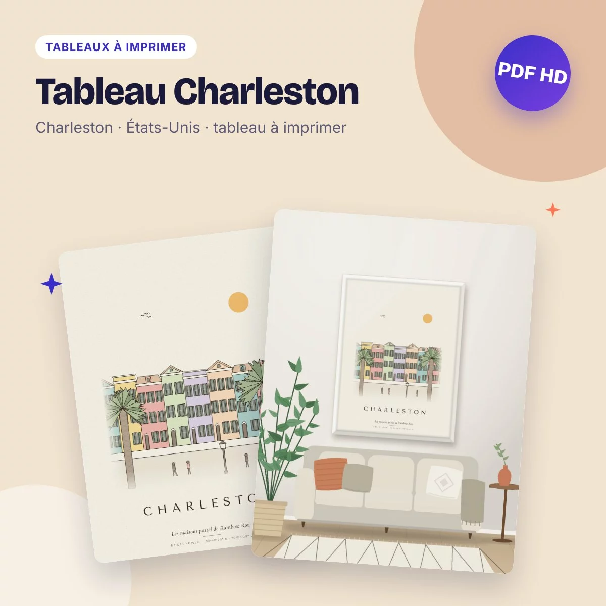 Tableau Charleston – les maisons pastel de Rainbow Row, ligne claire