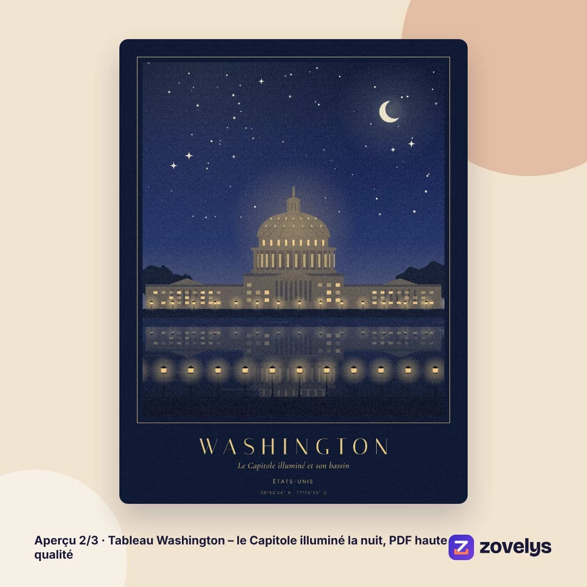 Tableau Washington – le Capitole illuminé la nuit, PDF haute qualité – aperçu 2