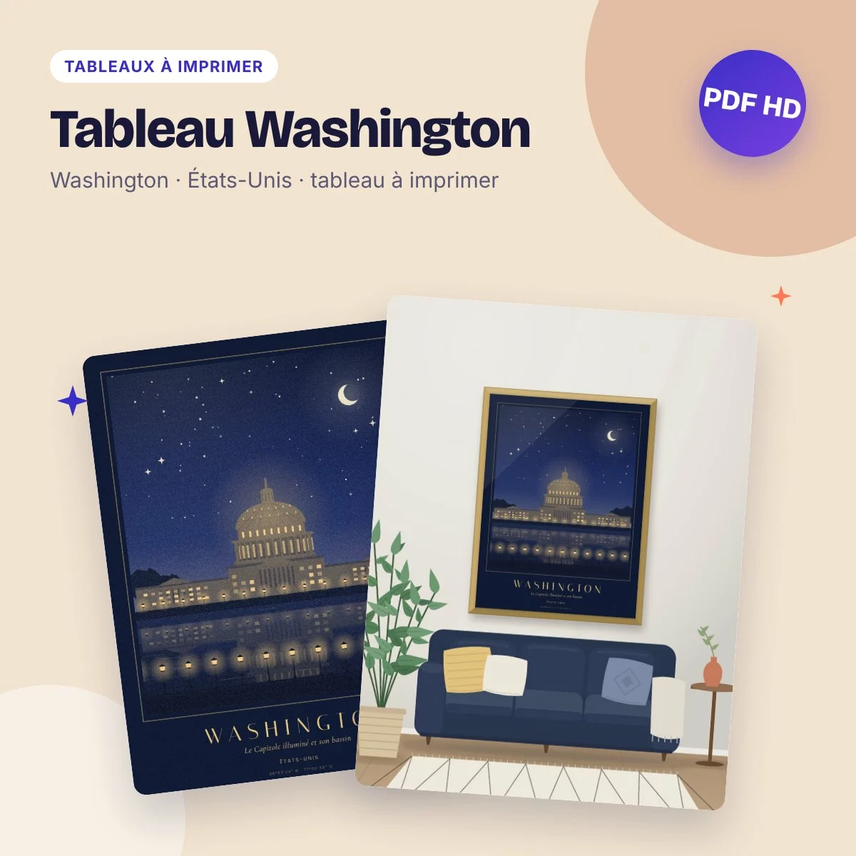 Tableau Washington – le Capitole illuminé la nuit, PDF haute qualité