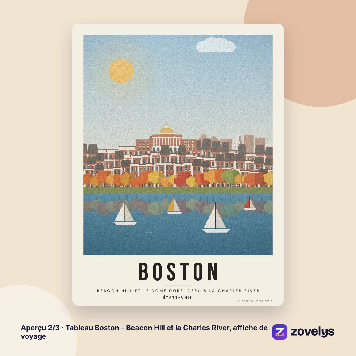 Tableau Boston – Beacon Hill et la Charles River, affiche de voyage – aperçu 2