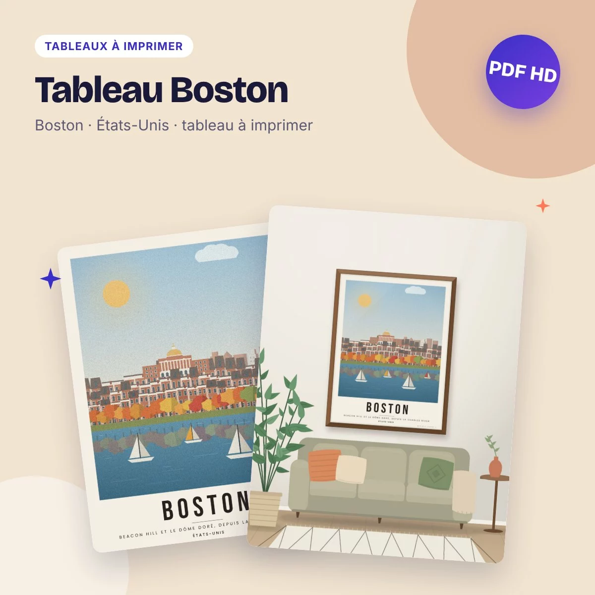 Tableau Boston – Beacon Hill et la Charles River, affiche de voyage