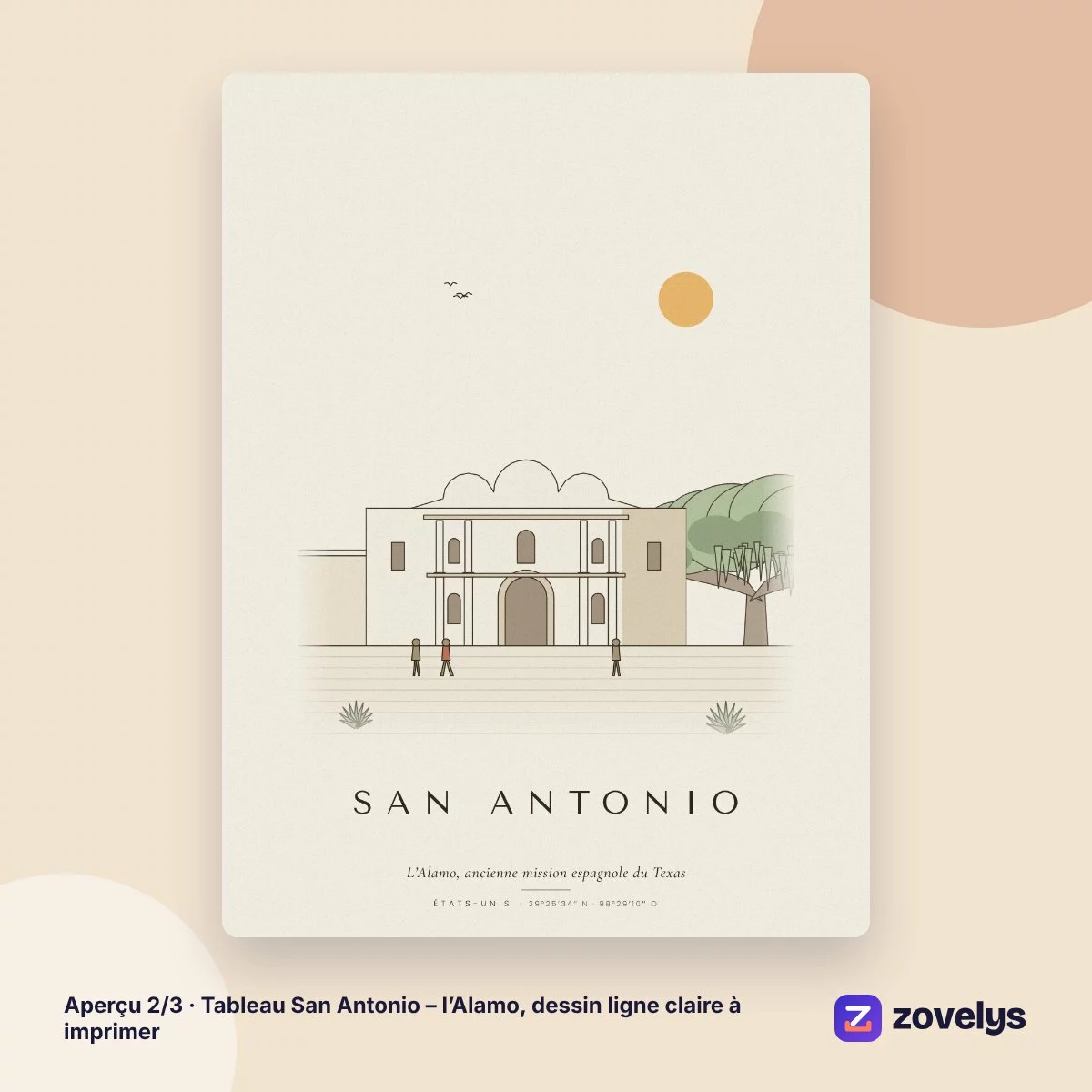 Tableau San Antonio – l’Alamo, dessin ligne claire à imprimer – aperçu 2