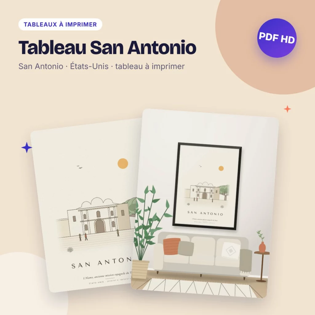 Tableau San Antonio – l’Alamo, dessin ligne claire à imprimer