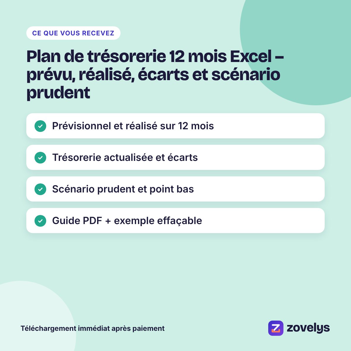 Plan de trésorerie 12 mois Excel – prévu, réalisé, écarts et scénario prudent – aperçu 4