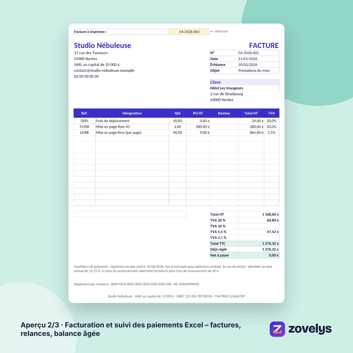 Facturation et suivi des paiements Excel – factures, relances, balance âgée – aperçu 2