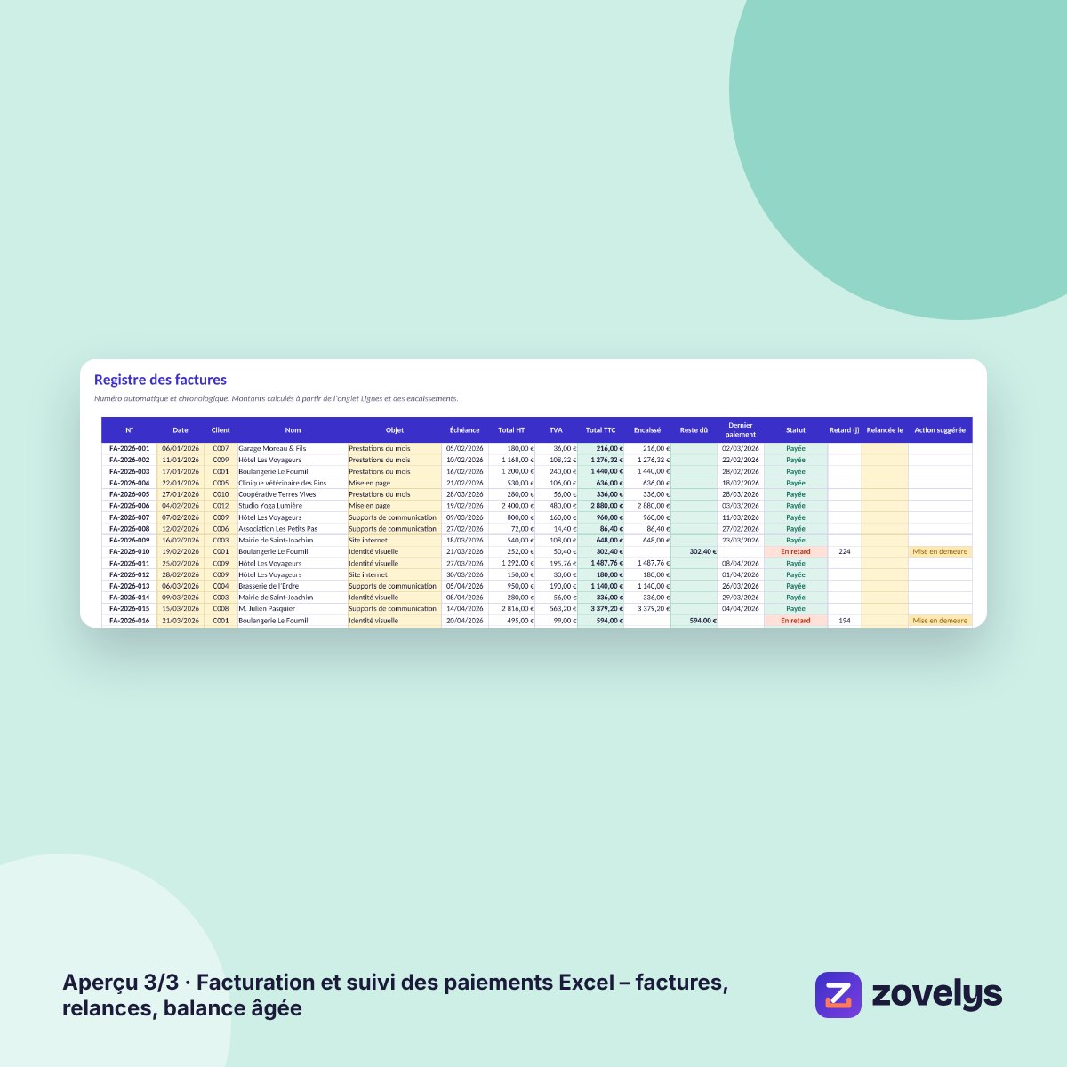 Facturation et suivi des paiements Excel – factures, relances, balance âgée – aperçu 3