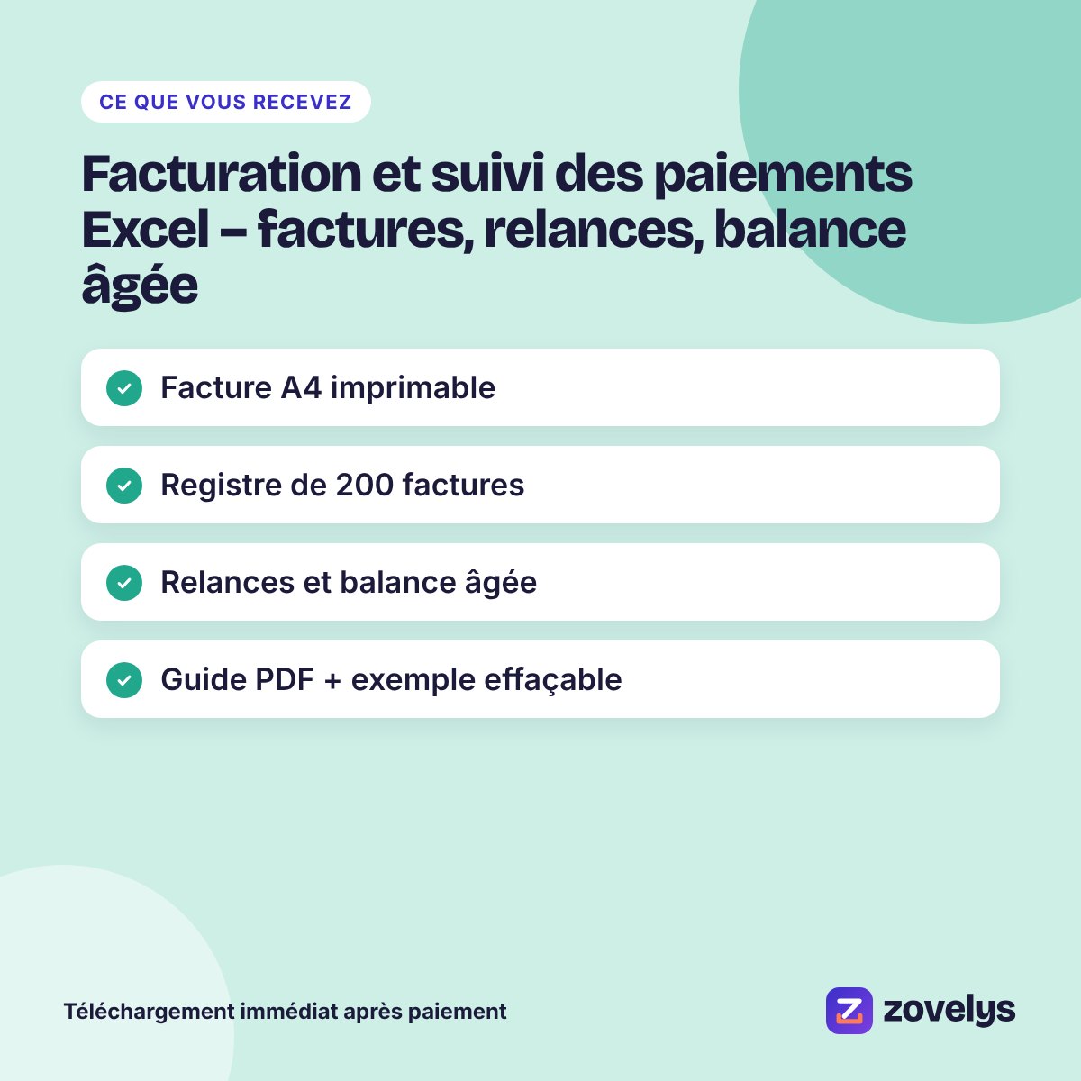 Facturation et suivi des paiements Excel – factures, relances, balance âgée – aperçu 4