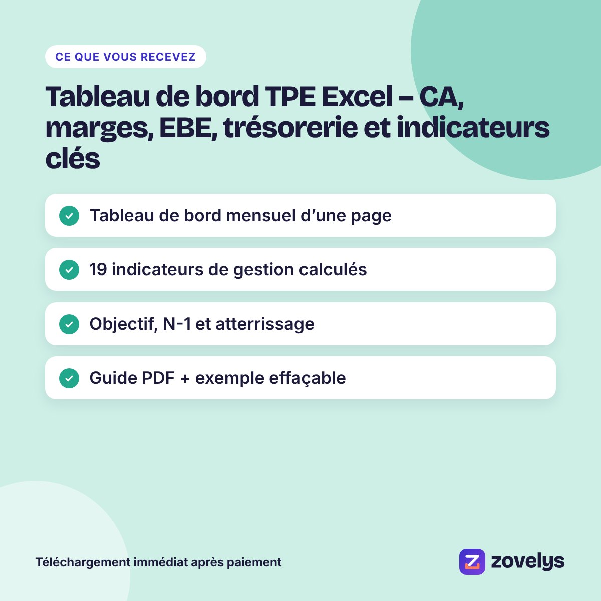 Tableau de bord TPE Excel – CA, marges, EBE, trésorerie et indicateurs clés – aperçu 4