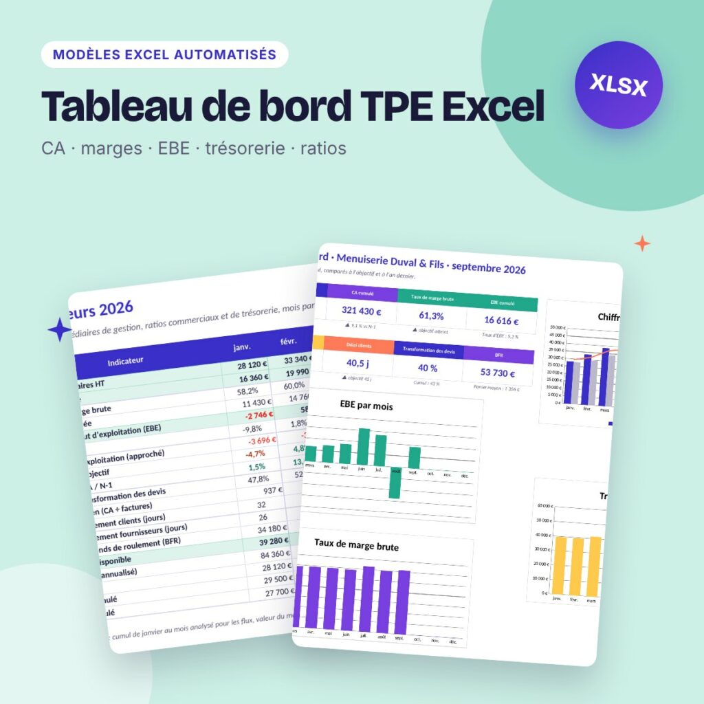 Tableau de bord TPE Excel – CA, marges, EBE, trésorerie et indicateurs clés