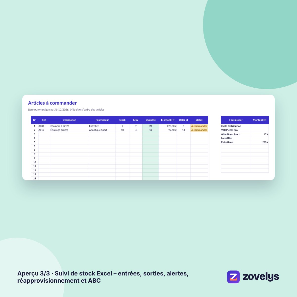 Suivi de stock Excel – entrées, sorties, alertes, réapprovisionnement et ABC – aperçu 3