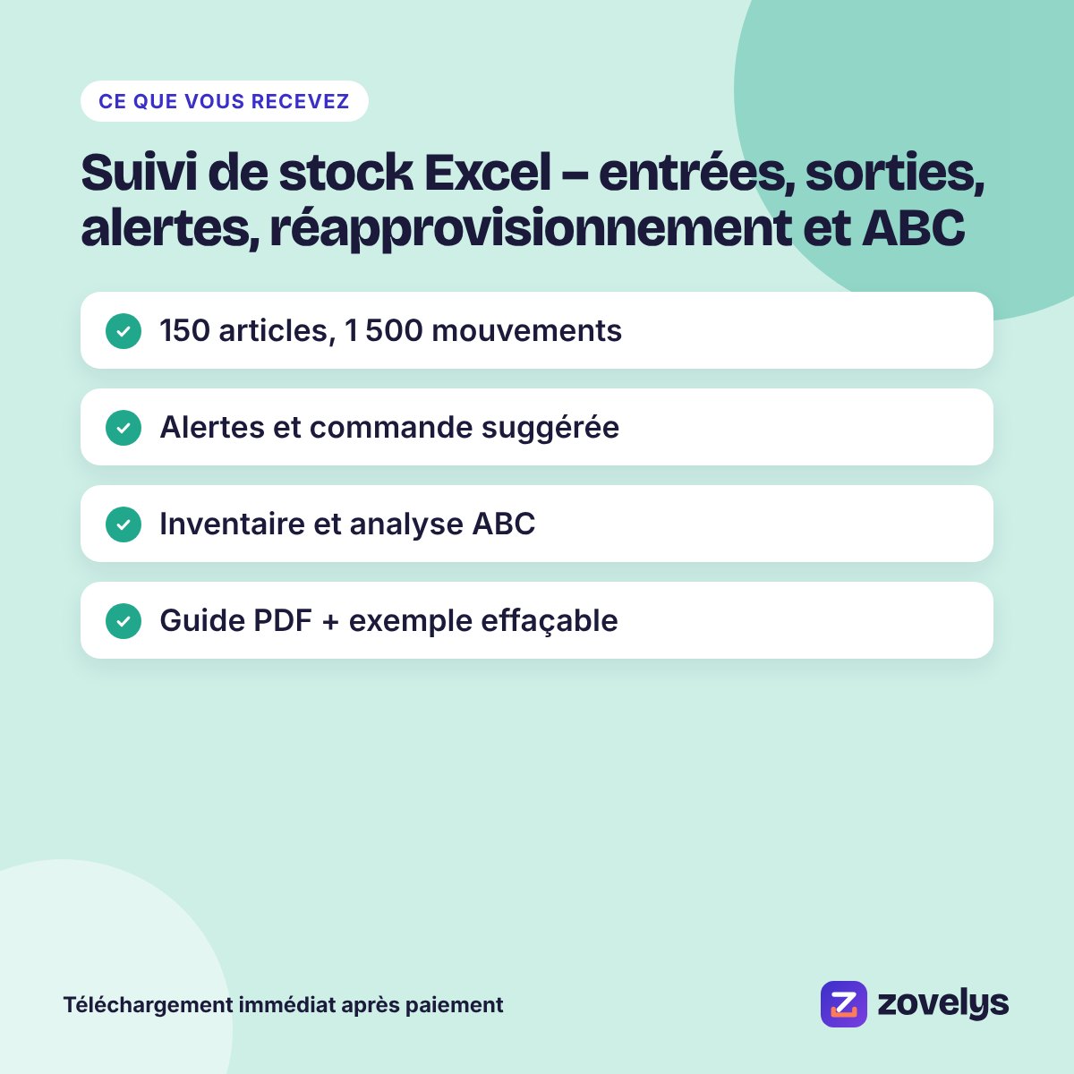 Suivi de stock Excel – entrées, sorties, alertes, réapprovisionnement et ABC – aperçu 4