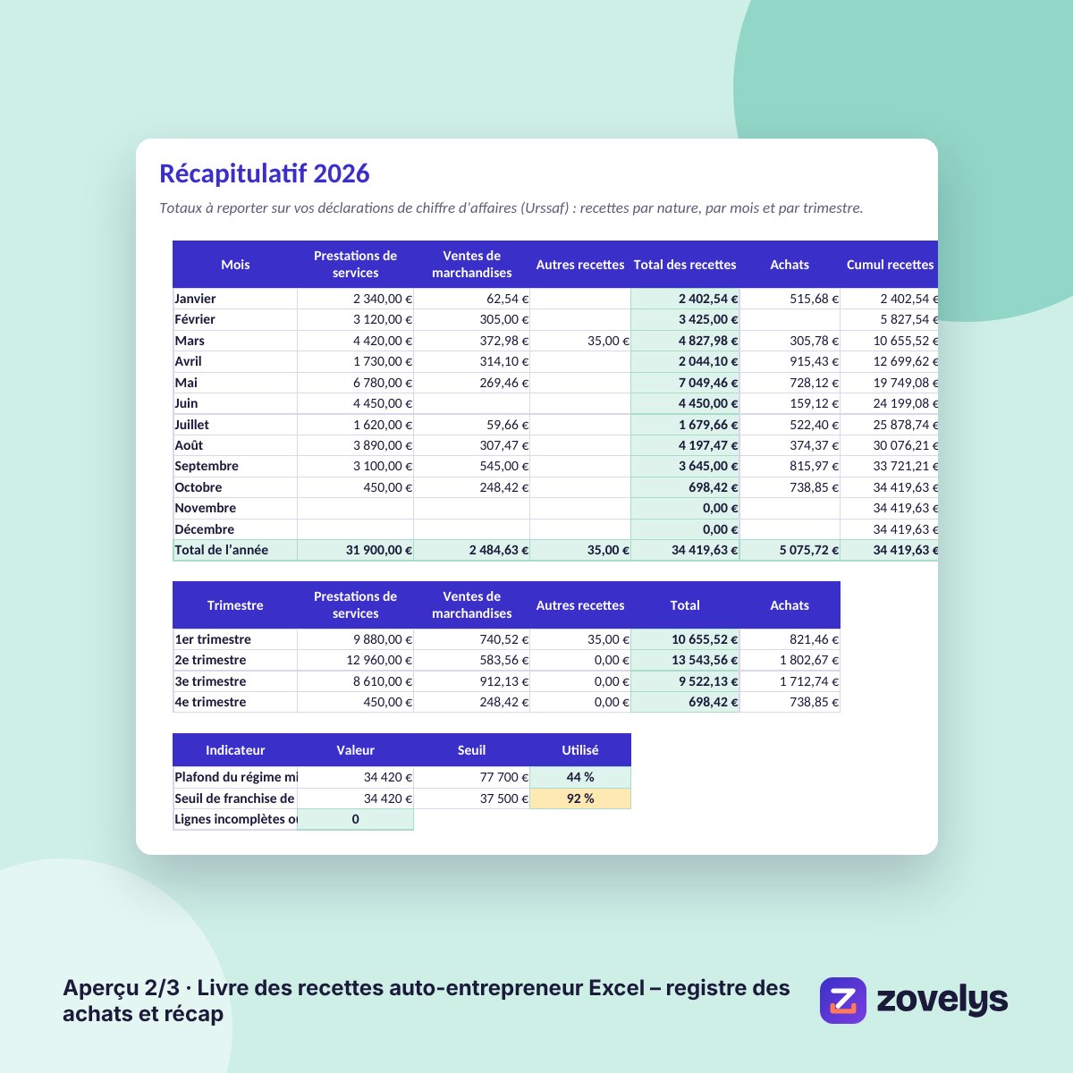 Livre des recettes auto-entrepreneur Excel – registre des achats et récap – aperçu 2