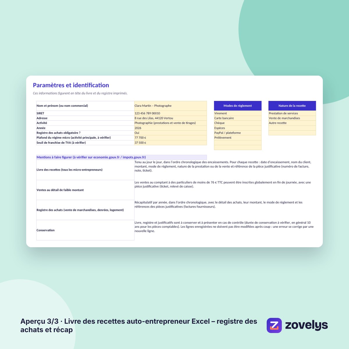 Livre des recettes auto-entrepreneur Excel – registre des achats et récap – aperçu 3